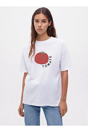 Tomate Baskılı Bisiklet Yaka Basic Trend Kadın T-shirt