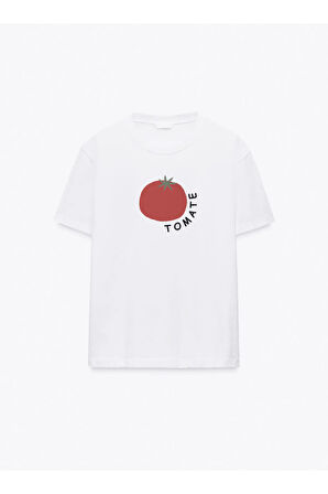 Tomate Baskılı Bisiklet Yaka Basic Trend Kadın T-shirt
