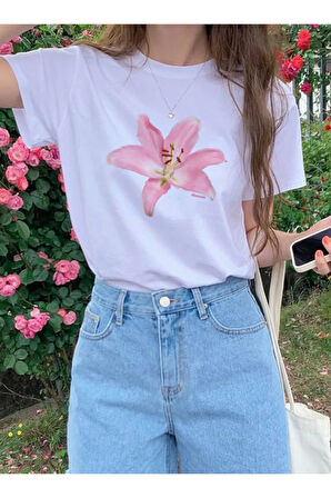 Lily Baskılı Bisiklet Yaka Basic Trend Kadın T-shirt
