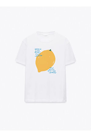 Eat The Lemon Baskılı Bisiklet Yaka Basic Trend Kadın T-shirt