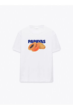 Papayas Baskılı Bisiklet Yaka Basic Trend Kadın T-shirt