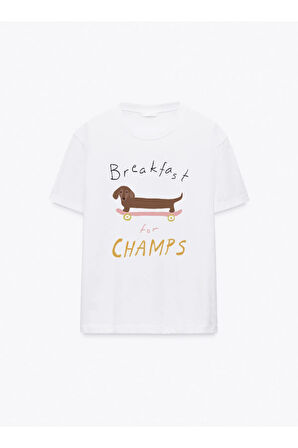 Breakfast Champs Baskılı Bisiklet Yaka Basic Trend Kadın T-shirt