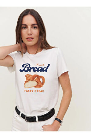 French Bread Baskılı Bisiklet Yaka Basic Trend Kadın T-shirt