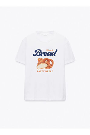 French Bread Baskılı Bisiklet Yaka Basic Trend Kadın T-shirt