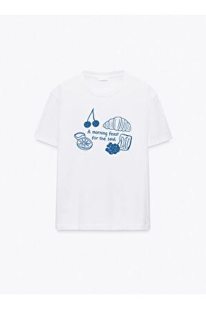 Morning Feast Baskılı Bisiklet Yaka Basic Trend Kadın T-shirt