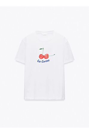 Les Cerises Baskılı Bisiklet Yaka Basic Trend Kadın T-shirt