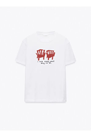 Side by Side Baskılı Bisiklet Yaka Basic Trend Kadın T-shirt