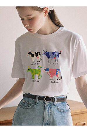 Cow Collection Baskılı Bisiklet Yaka Basic Trend Kadın T-shirt
