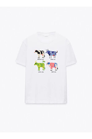 Cow Collection Baskılı Bisiklet Yaka Basic Trend Kadın T-shirt