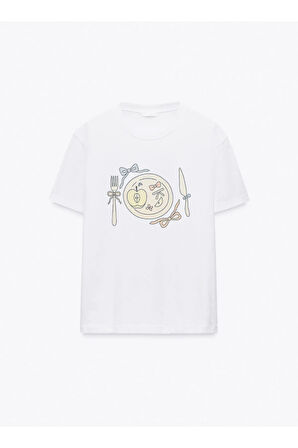 Pretty Plate Baskılı Bisiklet Yaka Basic Trend Kadın T-shirt