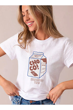 Choco! Baskılı Bisiklet Yaka Basic Trend Kadın T-shirt