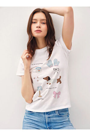 Little Little Baskılı Bisiklet Yaka Basic Trend Kadın T-shirt