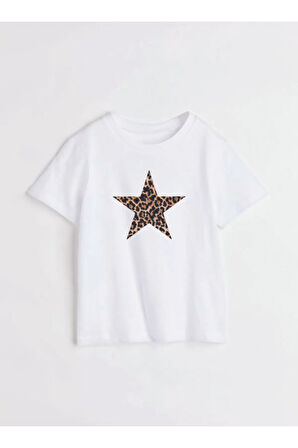 Leopard Star Baskılı Bisiklet Yaka Basic Trend Kadın T-shirt