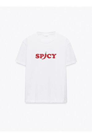 Spicy Baskılı Bisiklet Yaka Basic Trend Kadın T-shirt