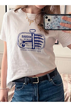 Sardines Baskılı Bisiklet Yaka Basic Trend Kadın T-shirt