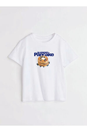 Pancake Baskılı Bisiklet Yaka Basic Trend Kadın T-shirt