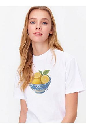Lemon Baskılı Bisiklet Yaka Basic Trend Kadın T-shirt