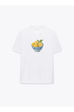 Lemon Baskılı Bisiklet Yaka Basic Trend Kadın T-shirt