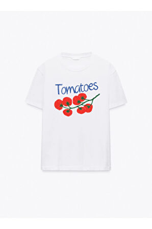 Tomatoes Baskılı Bisiklet Yaka Basic Trend Kadın T-shirt