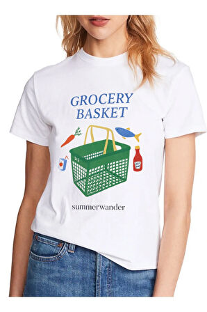 Grocery Basket Baskılı Bisiklet Yaka Basic Trend Kadın T-shirt