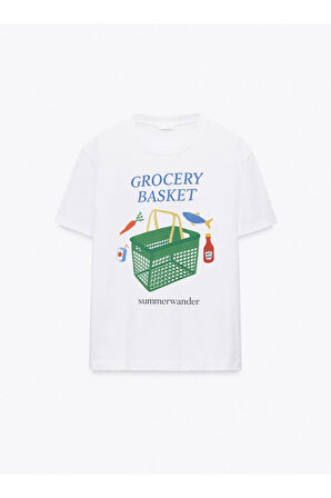Grocery Basket Baskılı Bisiklet Yaka Basic Trend Kadın T-shirt