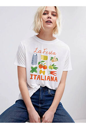 La Festa Italiana Baskılı Bisiklet Yaka Basic Trend Kadın T-shirt