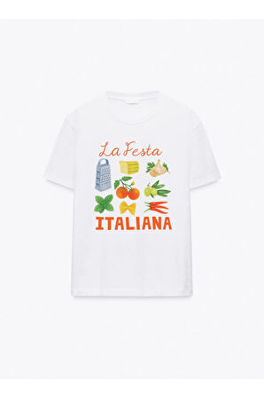La Festa Italiana Baskılı Bisiklet Yaka Basic Trend Kadın T-shirt
