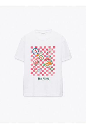 The Picnik Baskılı Bisiklet Yaka Basic Trend Kadın T-shirt