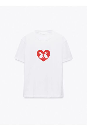 Bunny Love Baskılı Bisiklet Yaka Basic Trend Kadın T-shirt