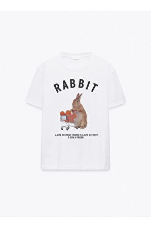 Rabbit Baskılı Bisiklet Yaka Basic Trend Kadın T-shirt