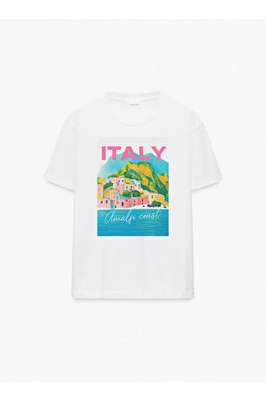 Italy Baskılı Bisiklet Yaka Basic Trend Kadın T-shirt