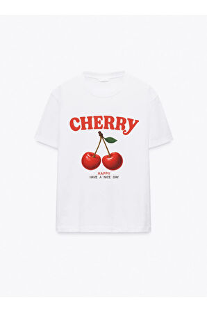 Cherry Baskılı Bisiklet Yaka Basic Trend Kadın T-shirt