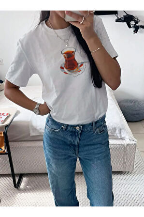 Çay is the main character Baskılı Bisiklet Yaka Basic Trend Kadın T-shirt