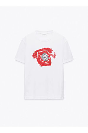 Retro Call Baskılı Bisiklet Yaka Basic Trend Kadın T-shirt