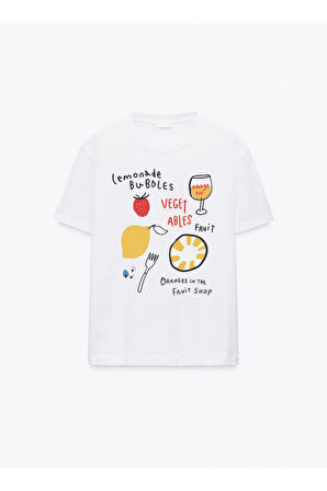 Orange Pie Baskılı Bisiklet Yaka Basic Trend Kadın T-shirt