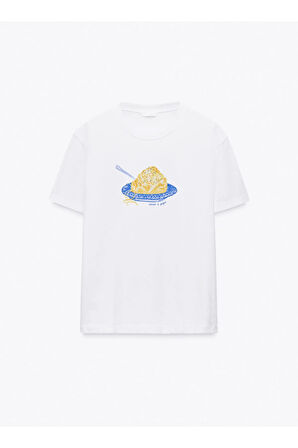 Cacio e Pepe Baskılı Bisiklet Yaka Basic Trend Kadın T-shirt