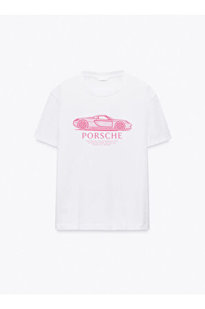 Pink Porsche Baskılı Bisiklet Yaka Basic Trend Kadın T-shirt