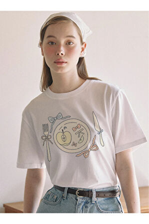 Pretty Plate Baskılı Bisiklet Yaka Basic Trend Kadın T-shirt