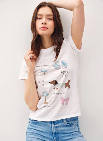 Little Little Baskılı Bisiklet Yaka Basic Kadın T-shirt