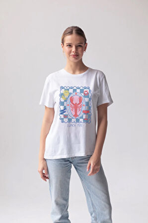 Lunch Time Baskılı Bisiklet Yaka Basic Trend Kadın T-shirt