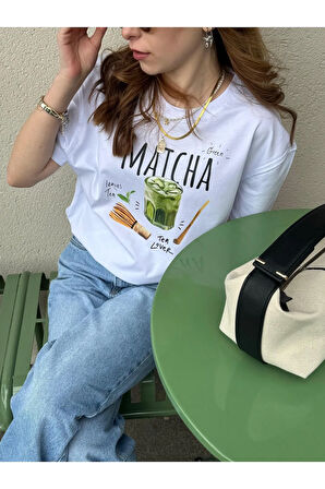 Matcha Baskılı Bisiklet Yaka Basic Trend Kadın T-shirt