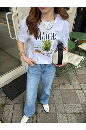 Matcha Baskılı Bisiklet Yaka Basic Trend Kadın T-shirt