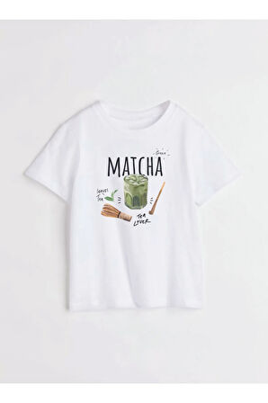 Matcha Baskılı Bisiklet Yaka Basic Trend Kadın T-shirt