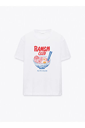Ramen Baskılı Bisiklet Yaka Basic Trend Kadın T-shirt