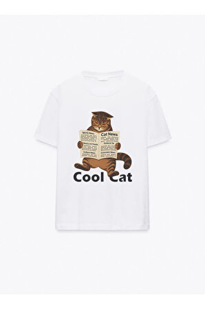 Cool Cat Baskılı Bisiklet Yaka Basic Trend Kadın T-shirt