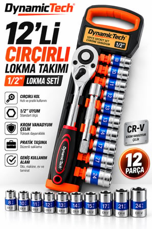 12'li 1/2 Çırçırlı Lokma Takımı 8-24 mm Krom Vanadyum Çelik Profesyonel Set