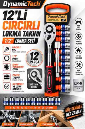 12'li 1/2 Çırçırlı Lokma Takımı 8-24 mm Krom Vanadyum Çelik Profesyonel Set