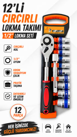 12'li 1/2 Çırçırlı Lokma Takımı 8-24 mm Krom Vanadyum Çelik Profesyonel Set