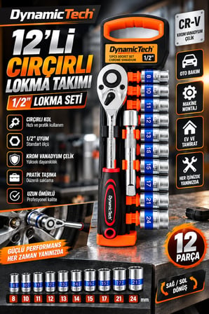 12'li 1/2 Çırçırlı Lokma Takımı 8-24 mm Krom Vanadyum Çelik Profesyonel Set