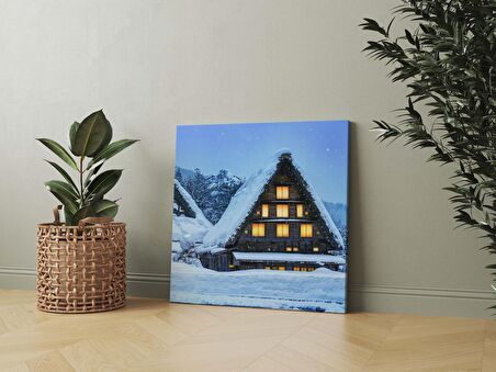 Karlar Altında Japon Evi Dekoratif Kare Kanvas Tablo